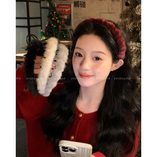 新年红色毛绒带齿发箍女高颅顶压发洗脸头箍日常外戴百搭头饰发饰