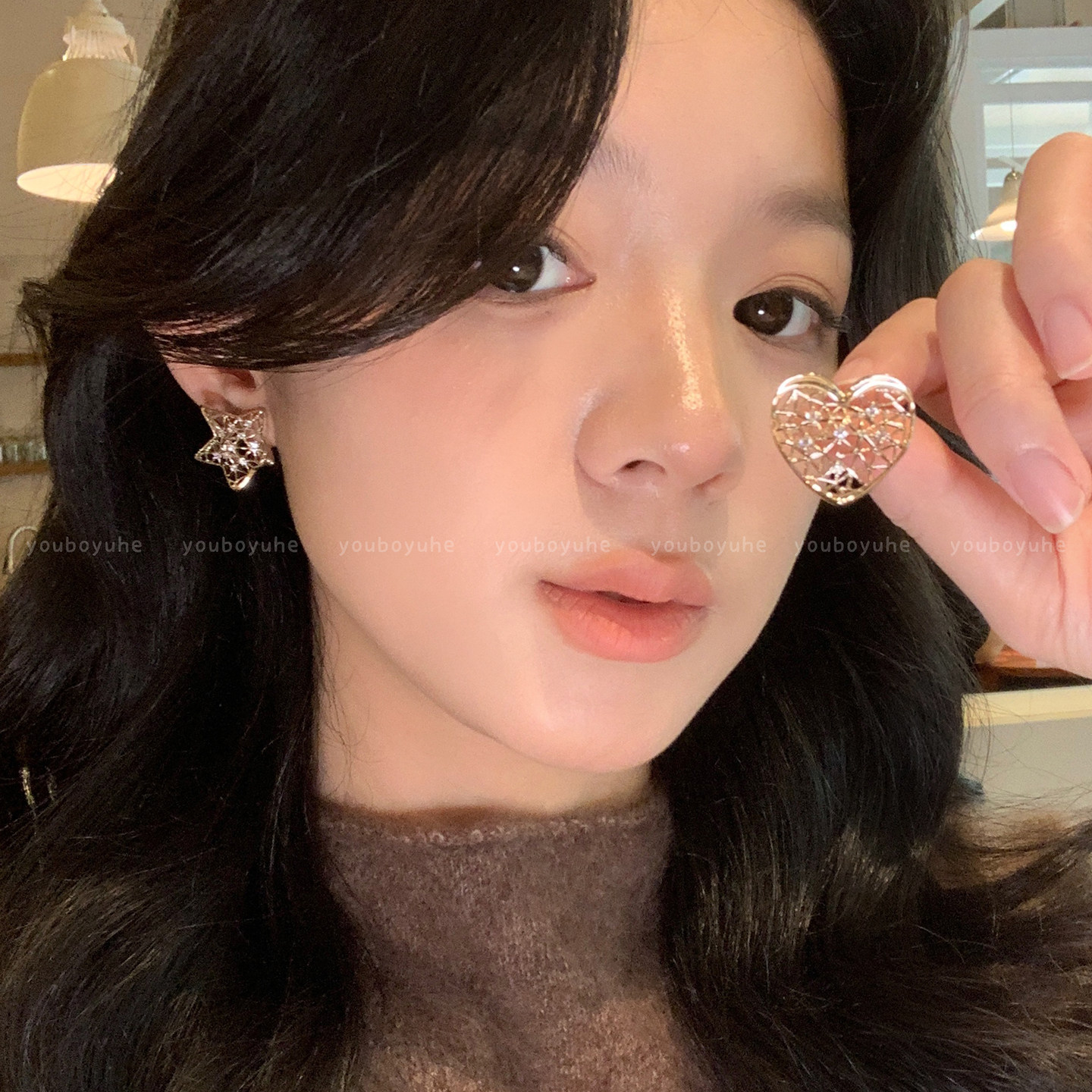 秋日记忆~镂空爱心星星锆石耳环女轻奢高级感耳钉独特漂亮耳饰品