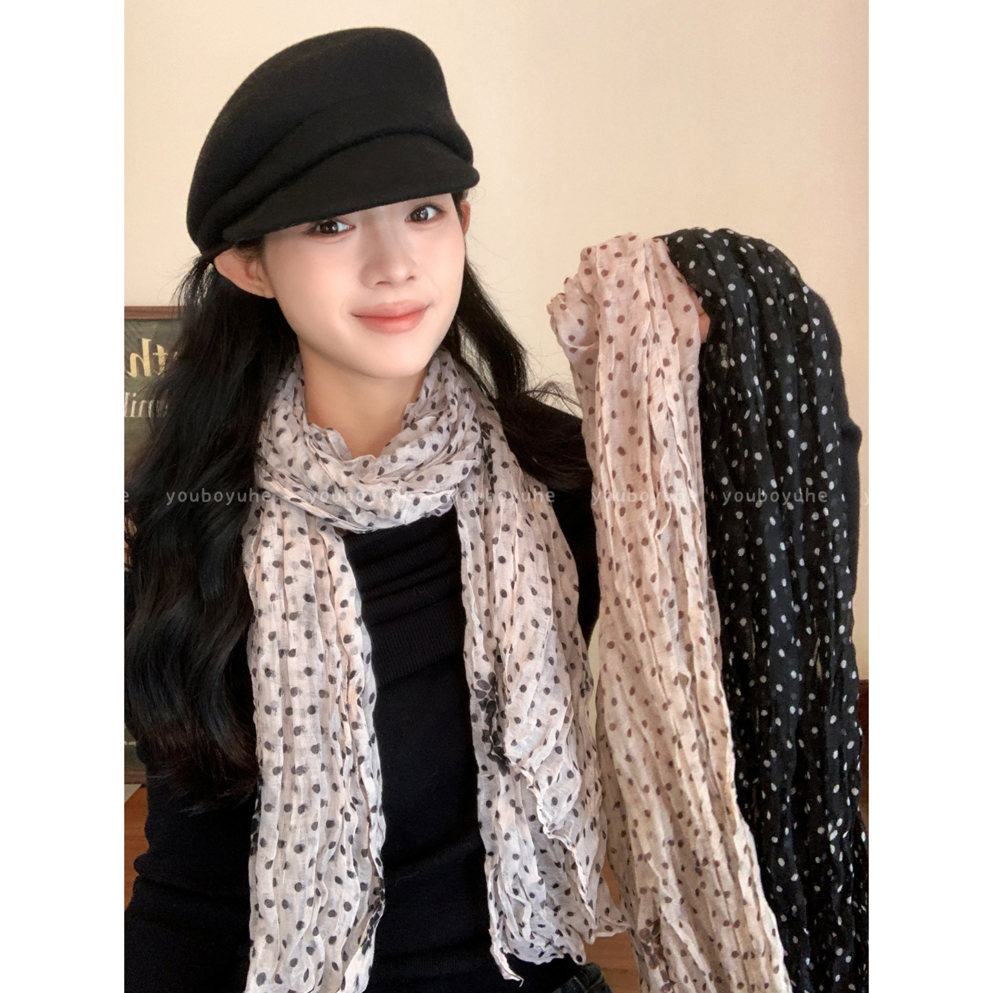 韩系慵懒风波点花朵系脖丝巾女秋冬高级感飘带颈饰氛围感围巾配饰