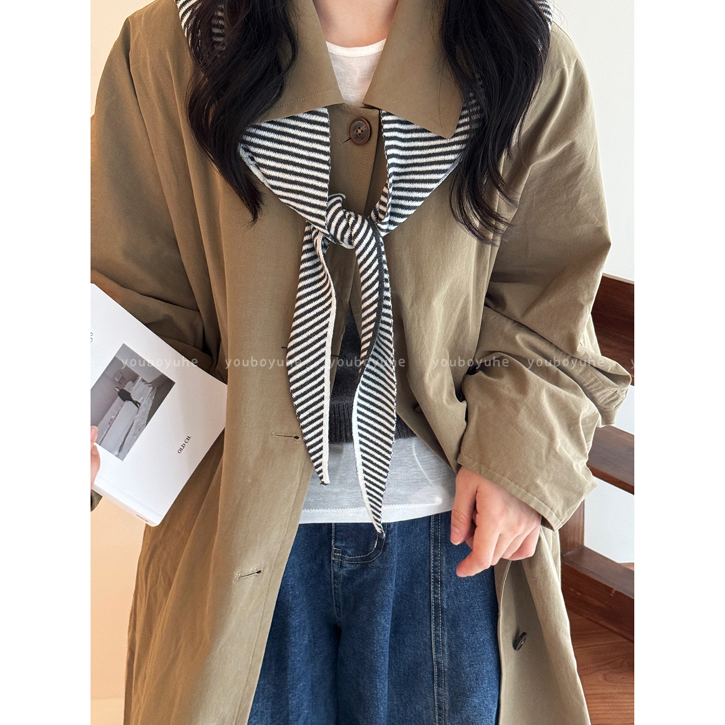 韩系黑色条纹设计感小众连帽丝巾