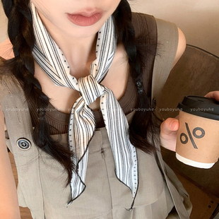 复古文艺条纹棉麻丝巾女出游护颈装饰三角巾系脖领巾日韩百搭围脖