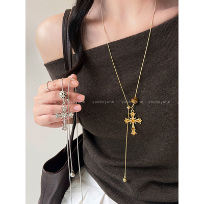 金色中古高级感精致十字架项链女