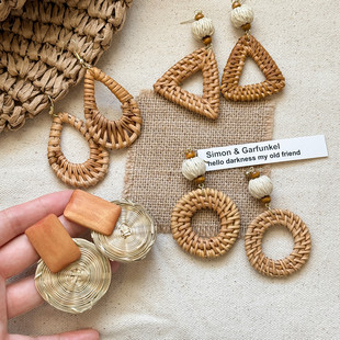 波西米亚民族风长款藤编几何耳环女适合海边度假的绝美耳钩耳饰