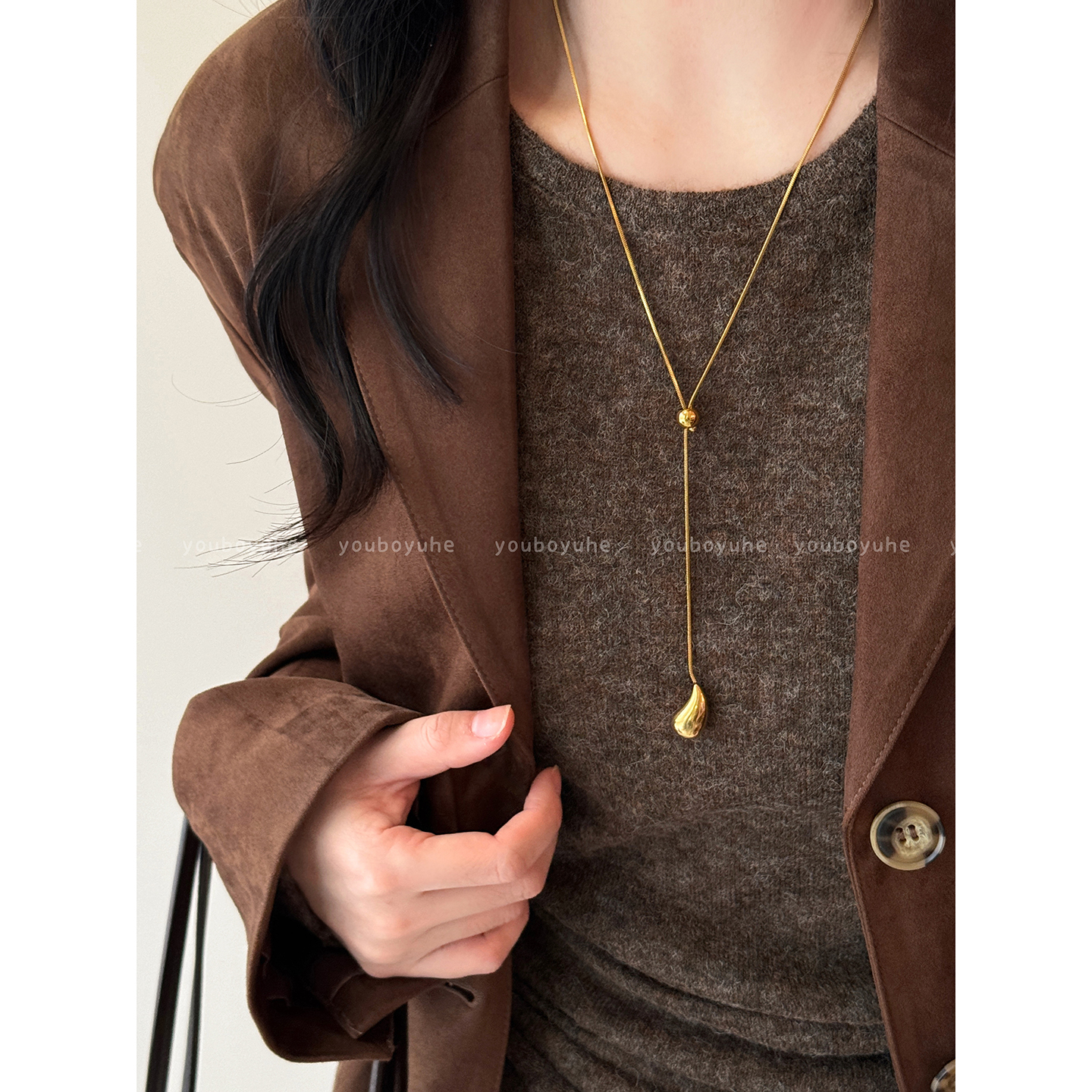 轻奢高级感百搭金色水滴抽拉项链