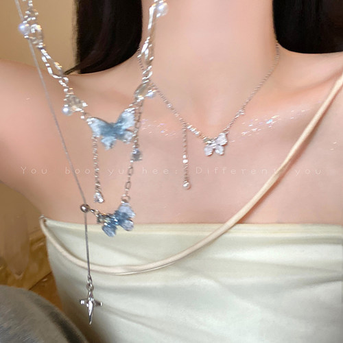 轻奢小众高级感蓝色蝴蝶流苏项链