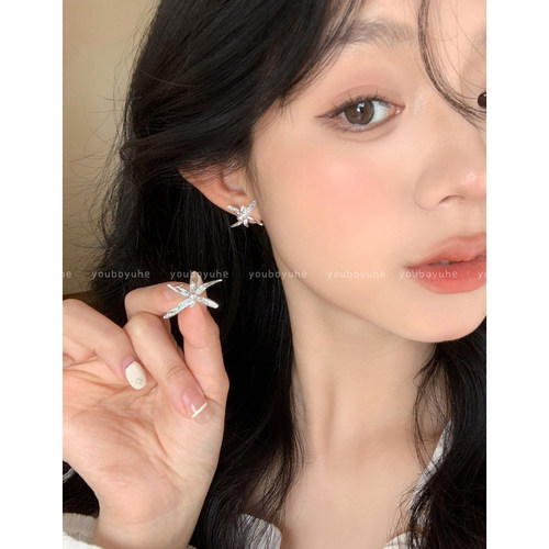 韩系银色鸢尾花朵高级感小众耳环