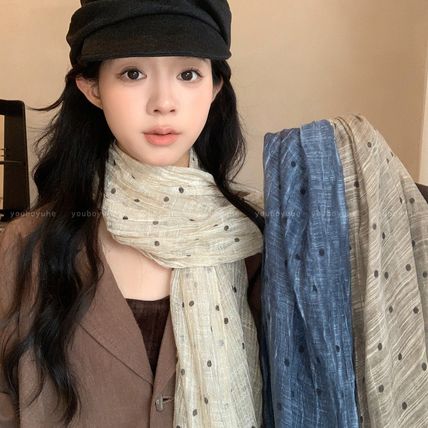 韩系ins超仙波点长条丝巾女2026秋冬新款高级感系脖围巾薄款配饰