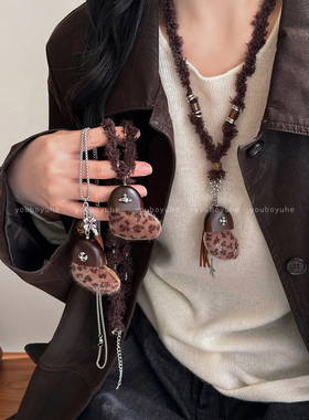 辣妹风豹纹爱心项链毛衣链配饰女