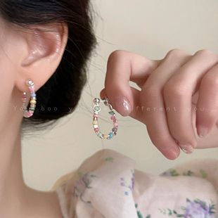 多巴胺彩色串珠碎银子耳环女2025新款爆款网红耳钉高级感耳圈耳饰