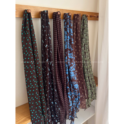 复古咖色碎花系脖丝巾高级感围脖