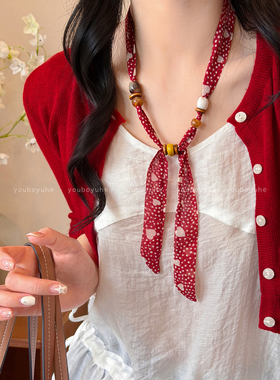 红色波点爱心串珠丝巾项链配饰女