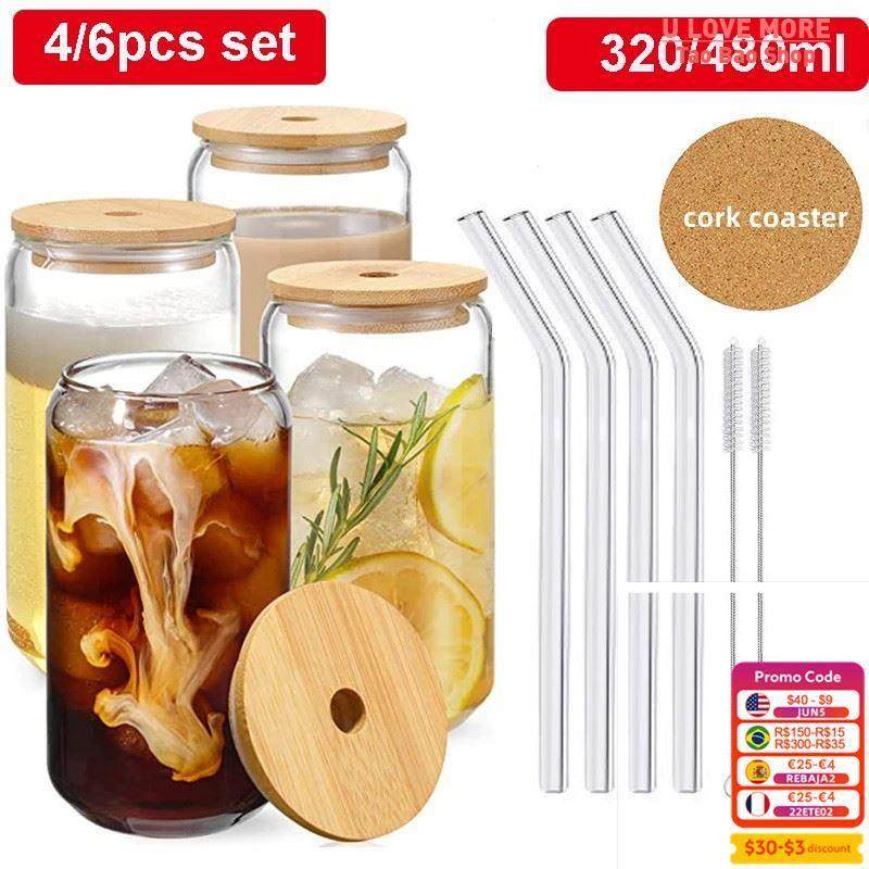 Glass Cup With Bamboo Lid and Straw Bubble Tea Cup Glasses C