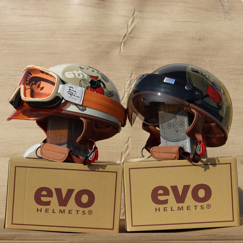 台湾evo米奇半盔复古头盔卡通摩托电动踏板车亲子米老鼠男女夏瓢