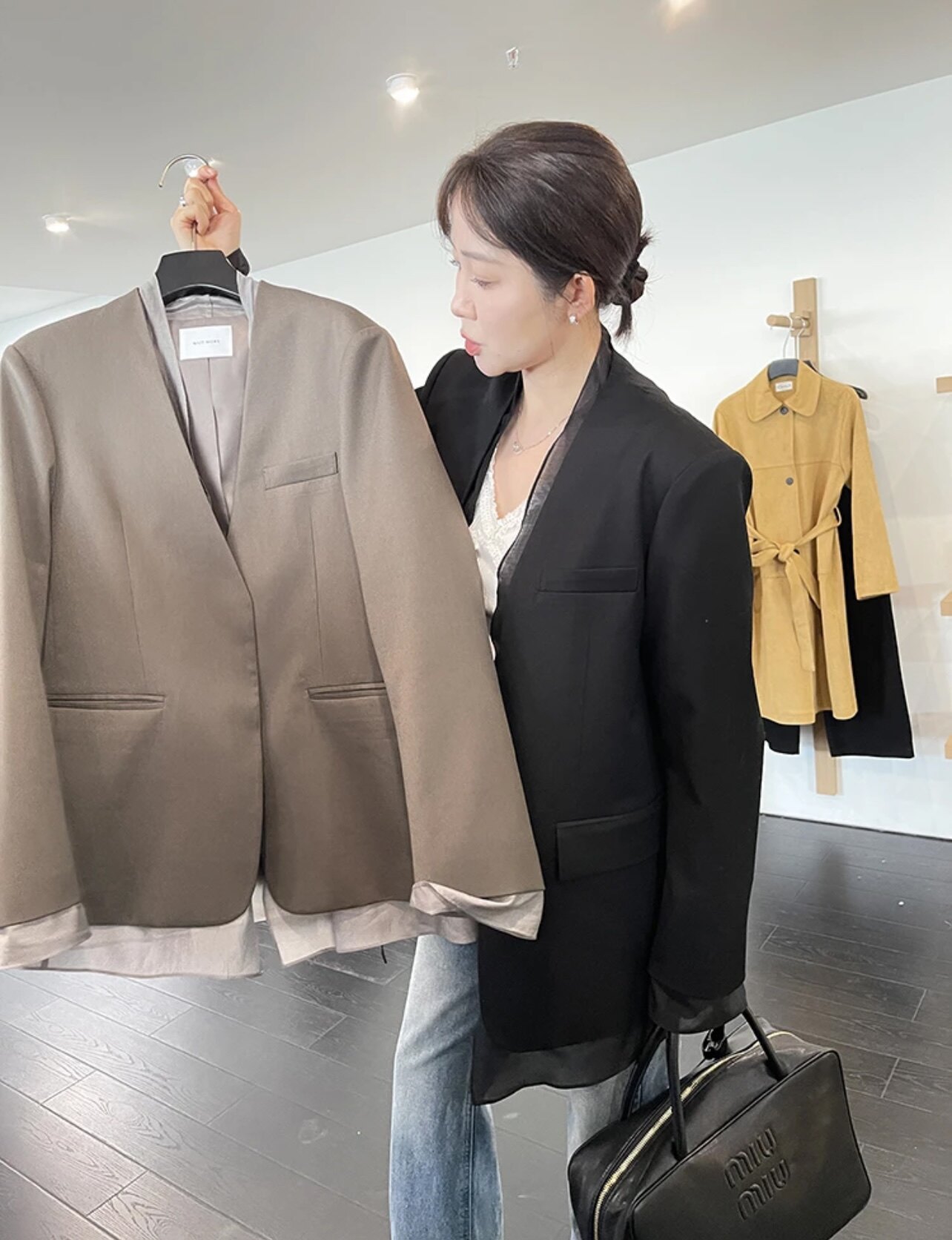 Widelia十三行老板娘2024春季韩版宽松休闲欧根纱拼接西装外套