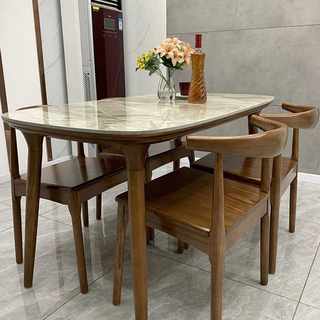北欧实木岩板餐桌椅组合简约现代家用大理石轻奢电磁炉长方形饭桌