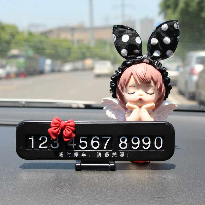 网红车载临时停车卡电话号码牌可爱天使摆件汽车卡通隐藏挪车电话