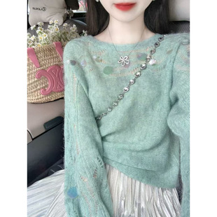 春季 多巴胺绿色镂空重工亮片针织衫 上新」XUAN JIE XIAO 「3.16