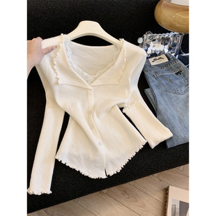 春季 木耳边蕾丝V领软糯针织开衫 上新」XUAN JIE 女 XIAO 「3.16