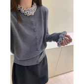 毛衣女士针织衫 KANING法式 新款 女装 木耳边撞色针织开衫 女2025秋季