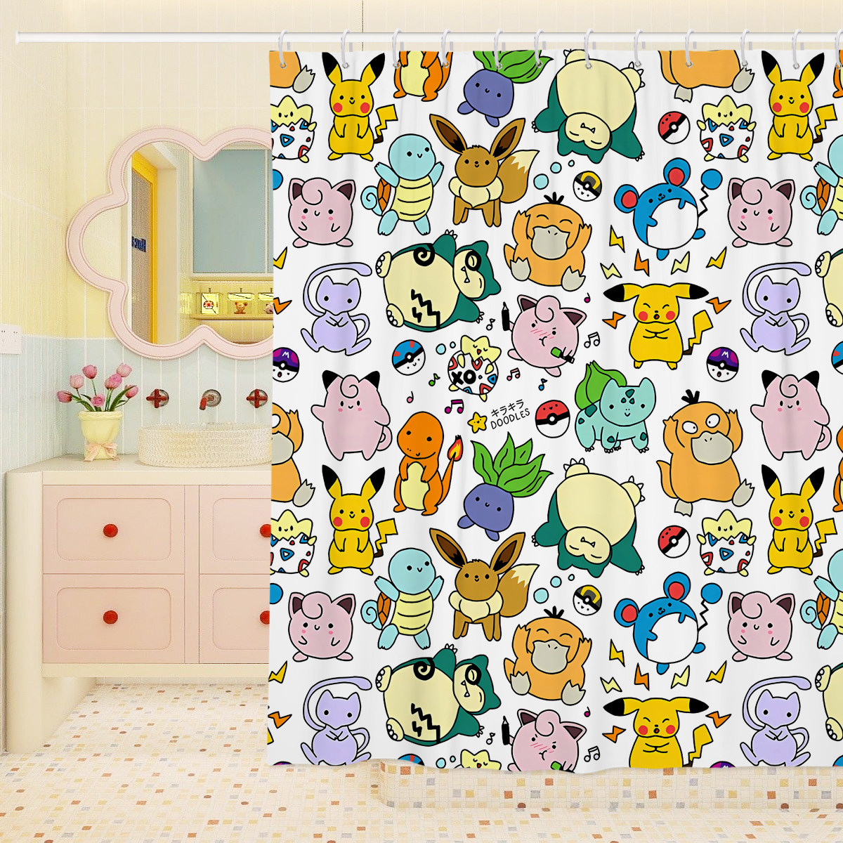 浴室免打孔防水布浴帘宝可梦可爱卡通洗澡卫生间隔断加厚涤纶挂帘