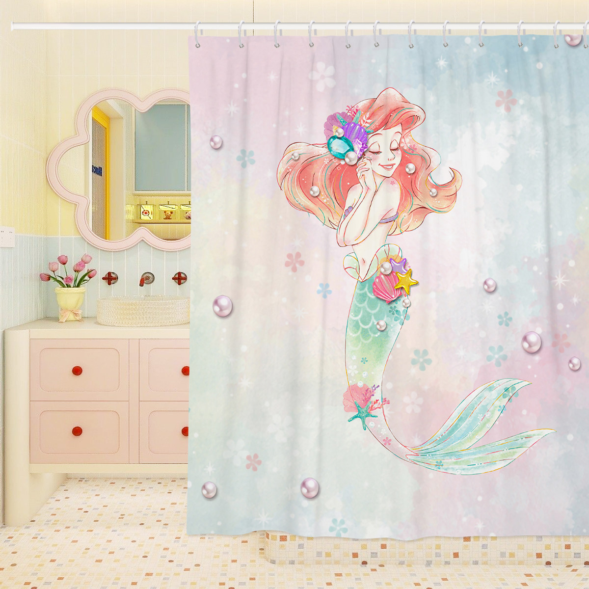 北欧儿童卡通美人鱼淋浴防水免打孔浴帘浴室隔断帘防霉卫生间挂帘