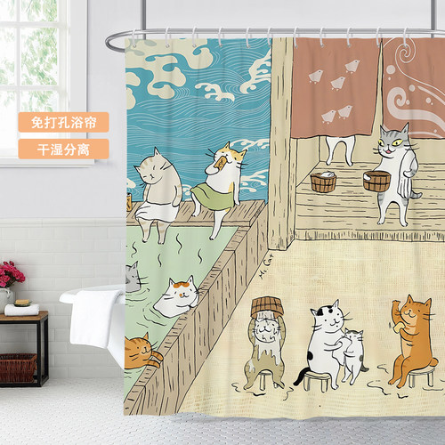 日式卡通猫咪复古可爱浴帘
