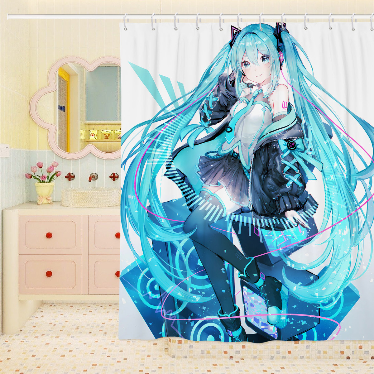 动漫初音未来浴室隔断免打孔浴帘厕所卫生间防霉淋浴洗浴挂帘挡水