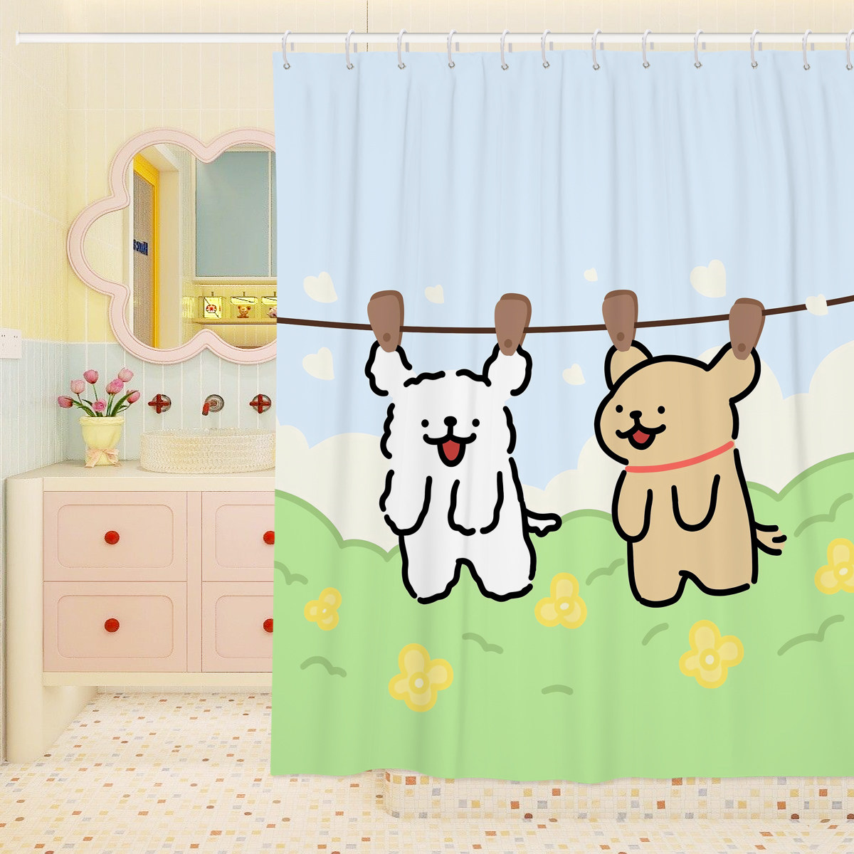 线条小狗浴帘可爱卡通浴室防水防霉卫生间隔断帘门帘窗帘帘子挂帘