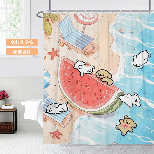 线条小狗浴帘防水防霉