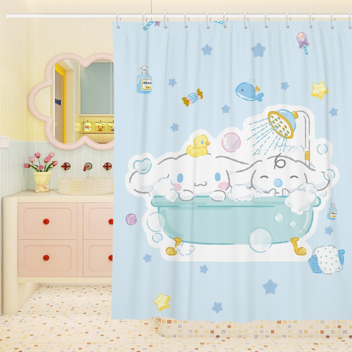 可爱卡通浴帘洗澡间防水布帘试衣间隔断帘免打孔防霉遮挡帘玉桂狗