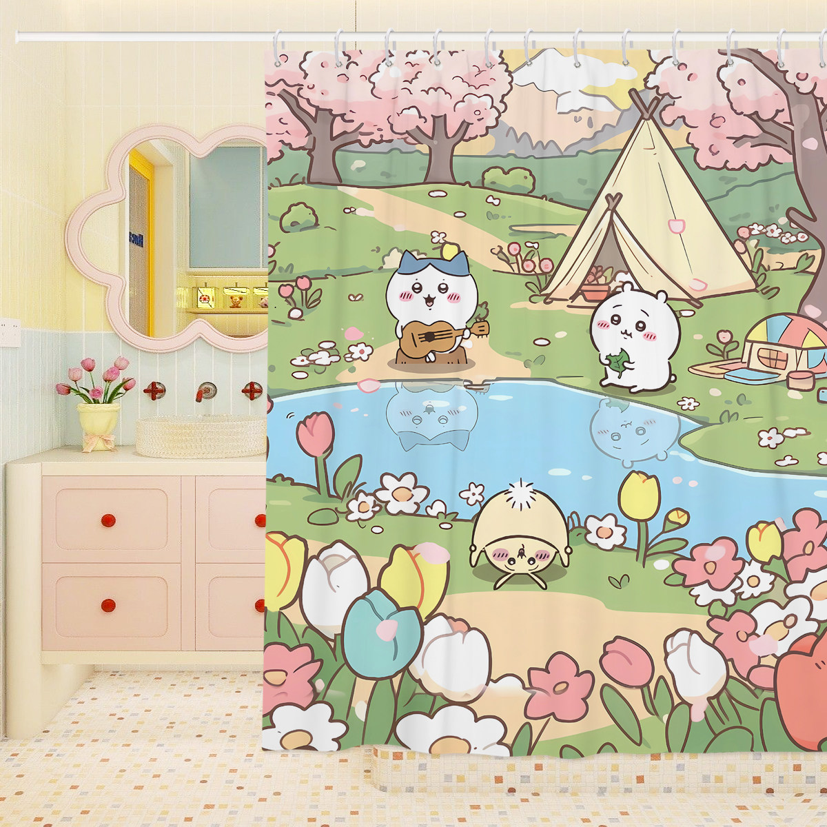 卡通chiikawa吉伊卡哇免打孔防霉浴帘宿舍防水隔断帘卫生间挂帘