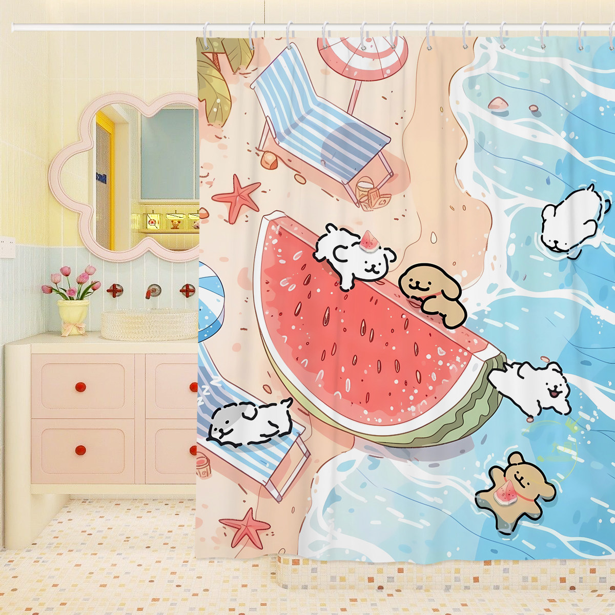 线条小狗浴帘洗澡卡通浴室防水防霉卫生间隔断帘门帘窗帘帘子挂帘