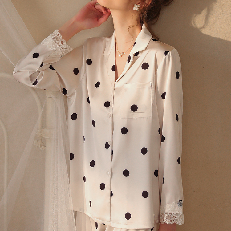 法式真丝睡衣女春夏蕾丝波点长袖