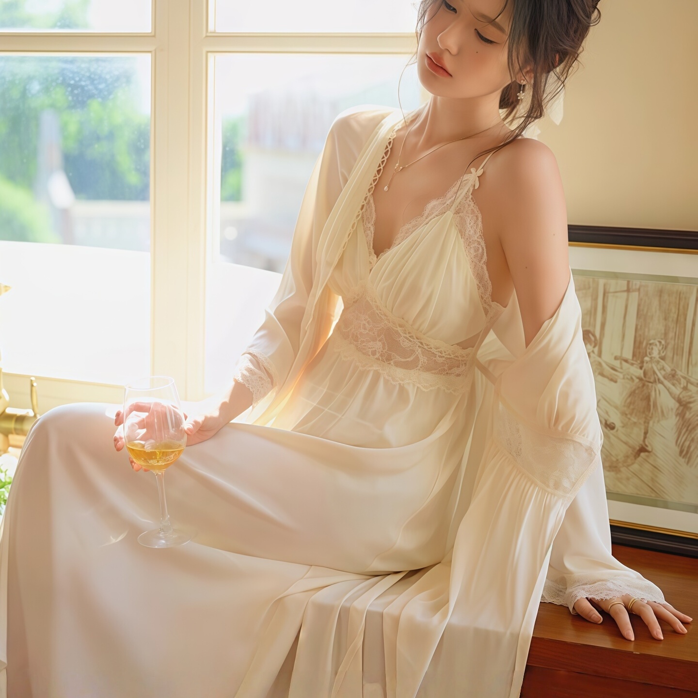 法式性感蕾丝吊带真丝睡裙