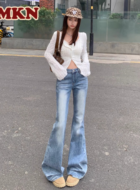 RMKN复古压褶猫须垂坠感微喇牛仔裤女2026新款低腰宽松显瘦拖地裤