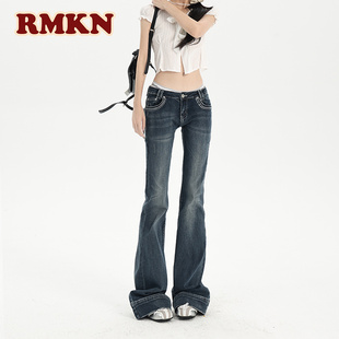 RMKN美式辣妹低腰牛仔裤女复古水洗蓝拖地弹力显瘦修身神裤微喇裤