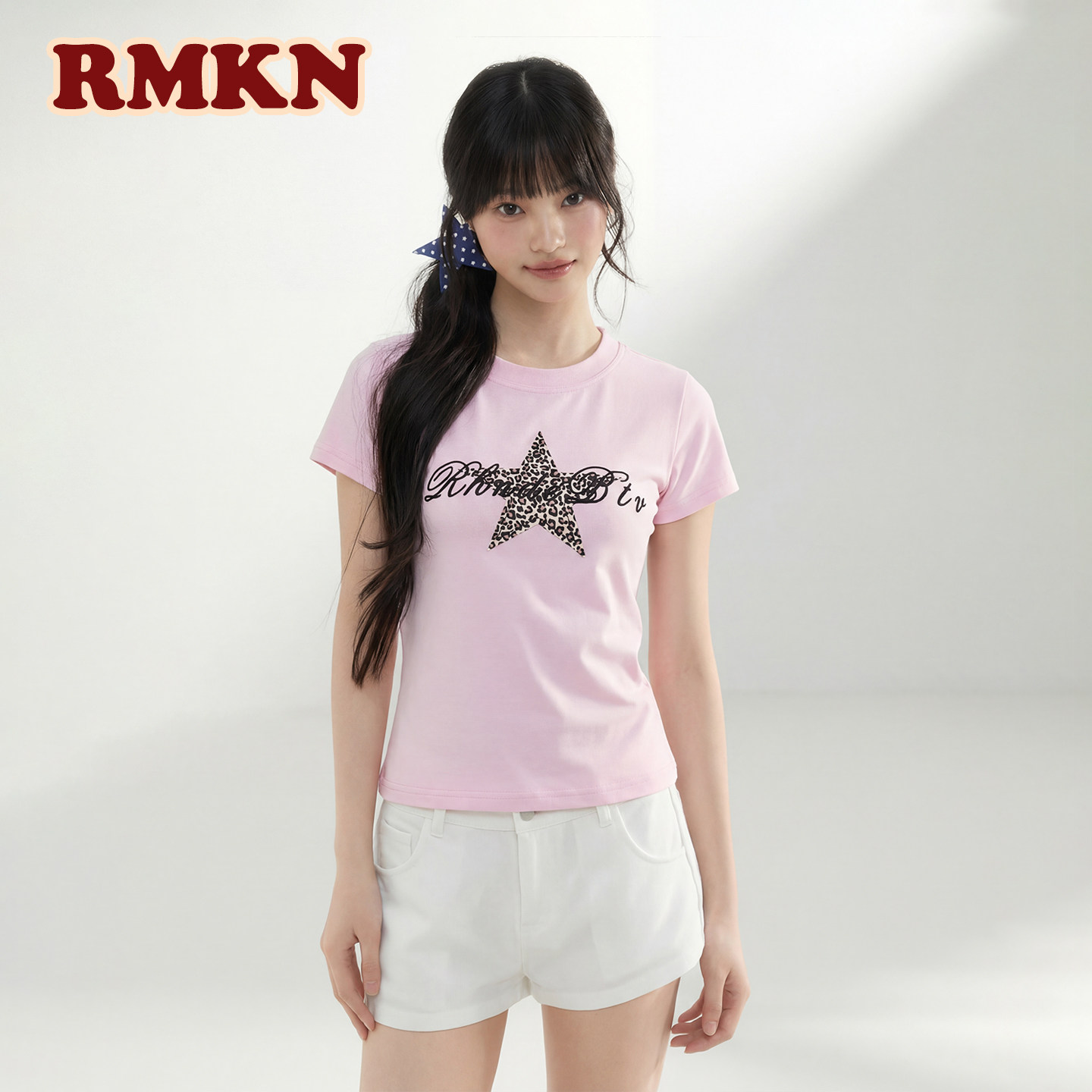RMKN美式复古五角星豹纹贴布绣显瘦修身正肩短袖潮流T恤夏季上衣