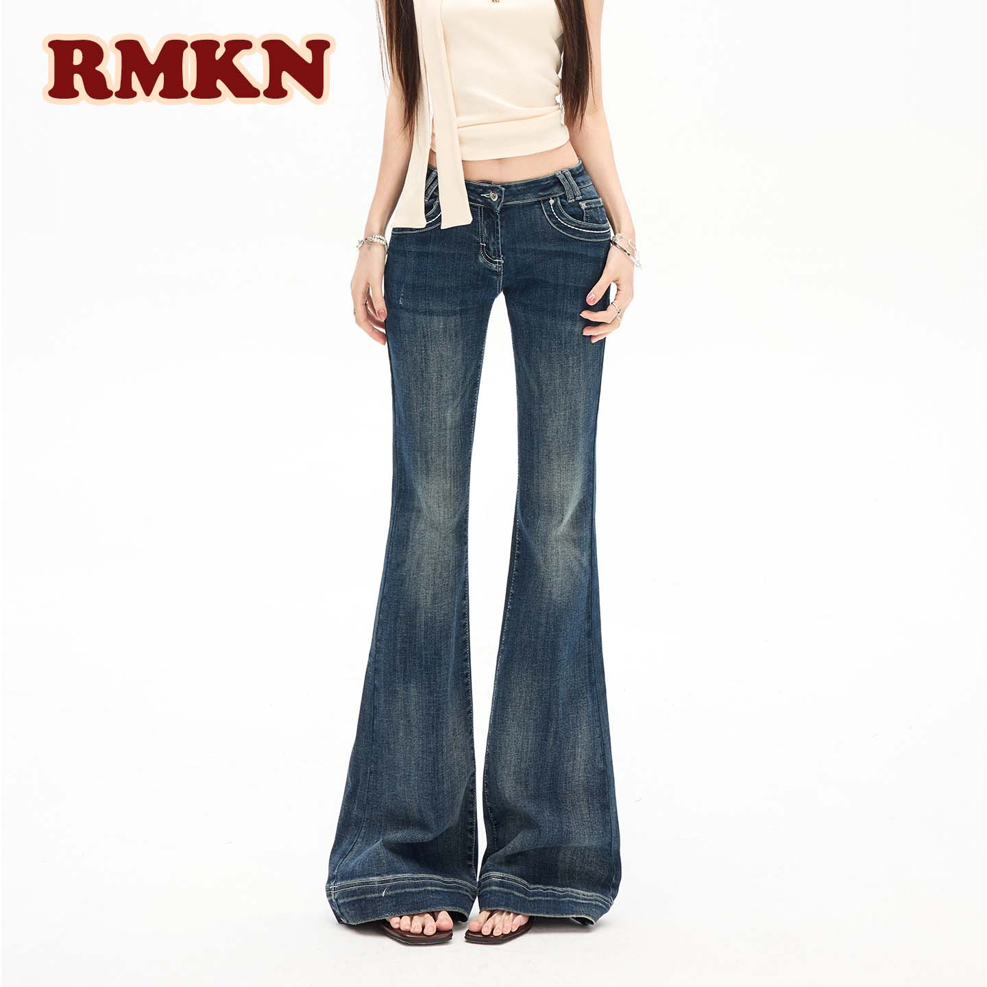 RMKN美式辣妹低腰牛仔裤女复古水洗蓝拖地弹力显瘦修身神裤微喇裤图片