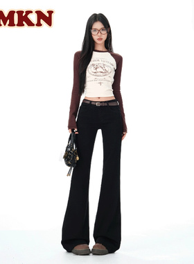 RMKN加绒黑色低腰微喇叭牛仔女秋冬辣妹不贴腿修身显瘦阔腿微喇裤