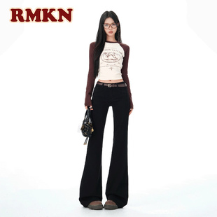 RMKN加绒黑色低腰微喇叭牛仔女秋冬辣妹不贴腿修身显瘦阔腿微喇裤