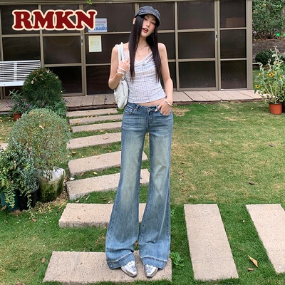 RMKN美式复古低腰微喇牛仔裤女2026水洗修身显瘦休闲喇叭拖地裤