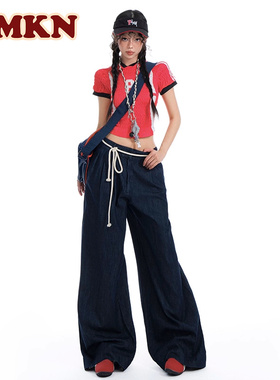 RMKN美式复古原牛垂坠感休闲直筒抽绳宽松双褶阔腿牛仔裤