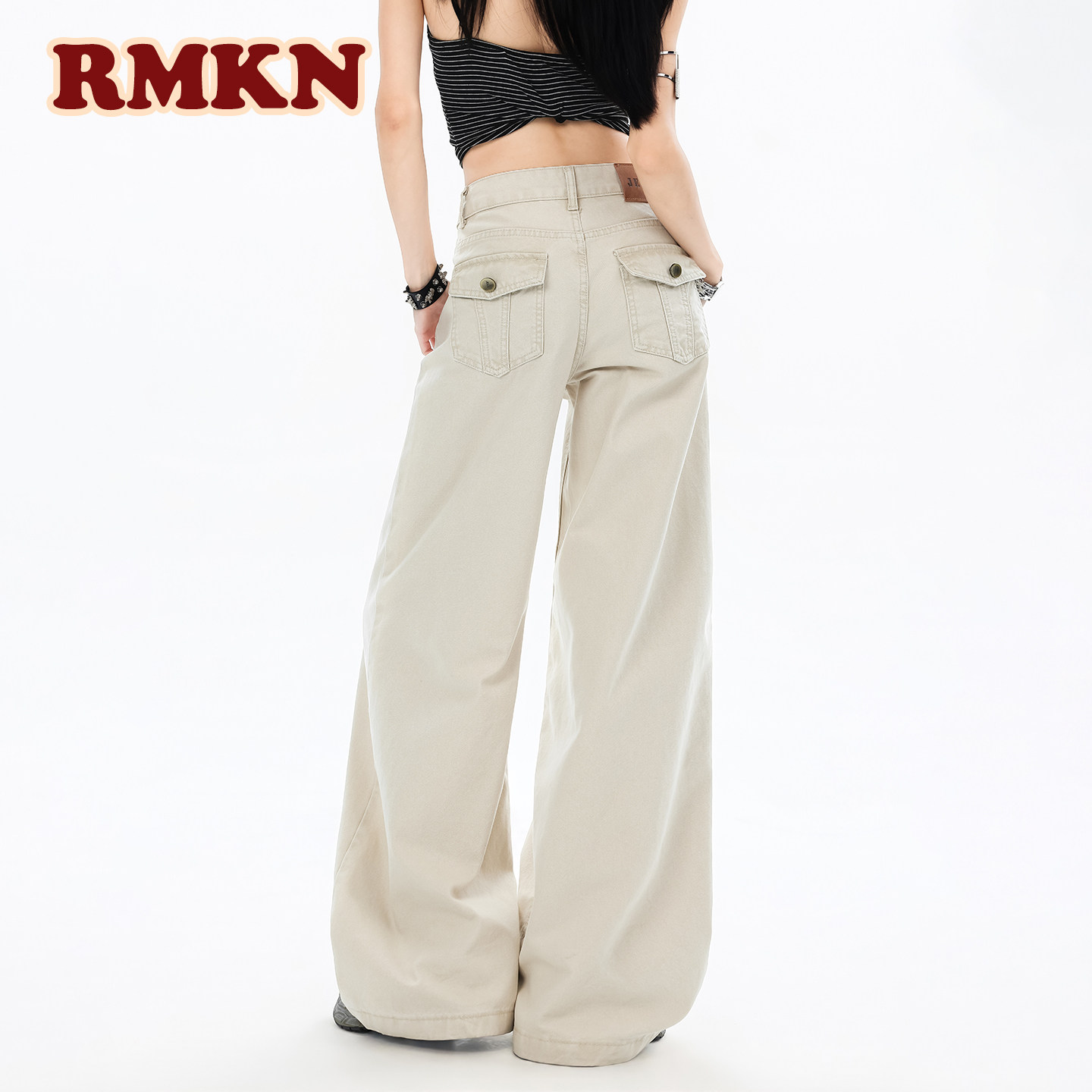 RMKN美式复古浅杏色阔腿牛仔裤女2026新款低腰宽松显瘦垂感拖地裤图片