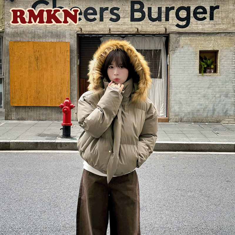 RMKN美式毛领连帽短款PU棉服女冬季cleanfit面包服加厚外套棉衣