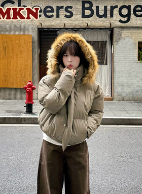 RMKN美式毛领连帽短款PU棉服女冬季cleanfit面包服加厚外套棉衣