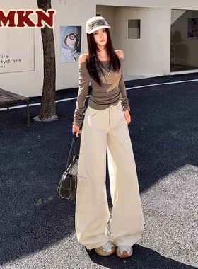 RMKN高腰阔腿弯刀牛仔裤女春秋美式宽松显瘦垂感休闲直筒拖地裤