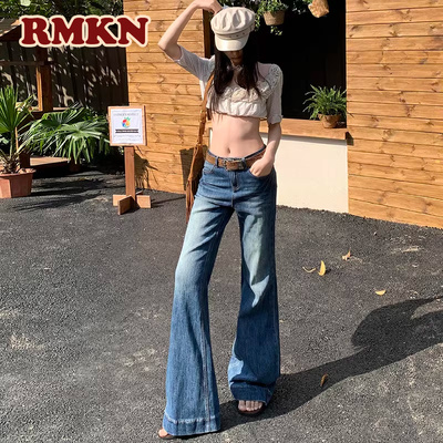 RMKN美式复古中低腰微喇牛仔裤女设计感弹力辣妹不贴腿直筒喇叭裤