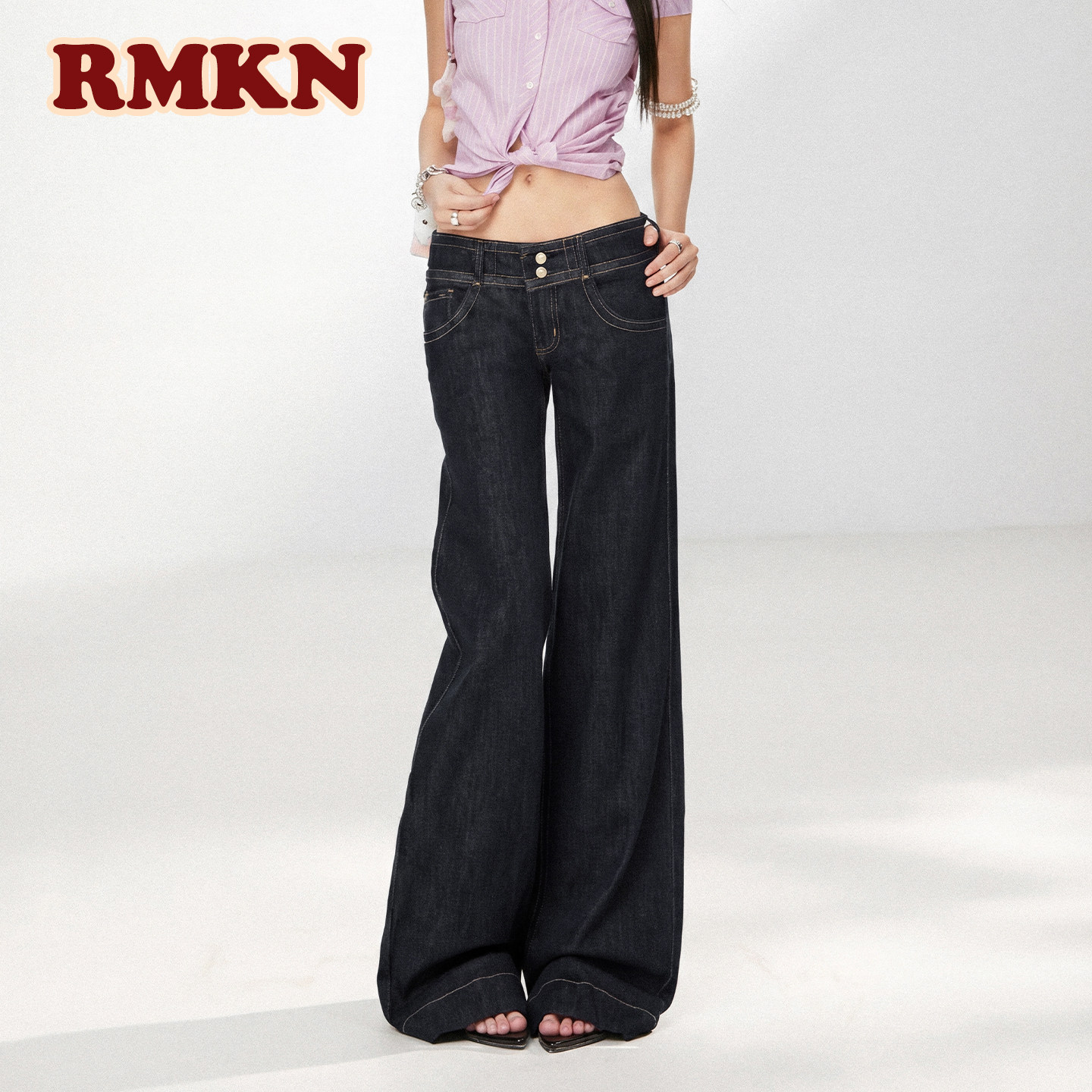 RMKN美式深蓝色低腰微喇牛仔裤女2026秋季新款双扣设计直筒裤图片