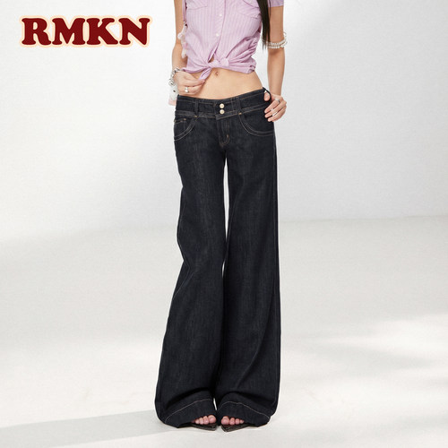 RMKN美式深蓝色低腰微喇牛仔裤女2026春夏新款双扣设计直筒裤