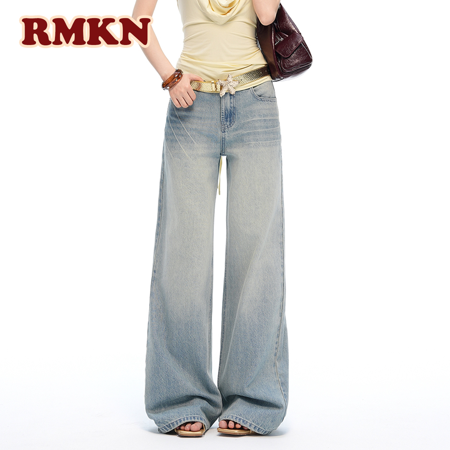 RMKN美式宽松浅蓝色低腰牛仔裤2026新款夏时尚猫须阔腿长裤女图片